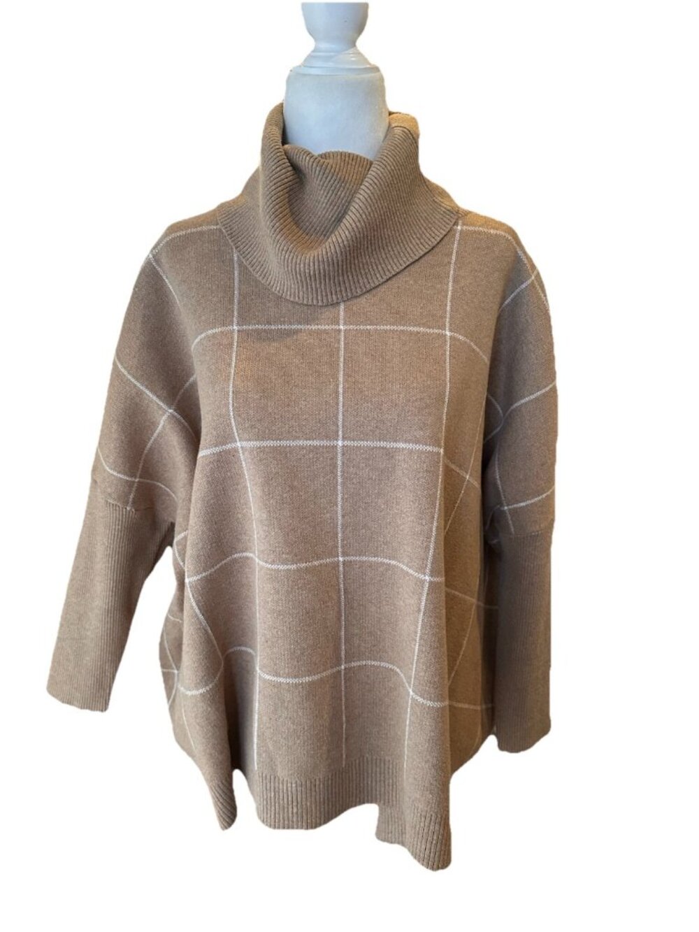 Loft Camel Colored Plaid Dolman Batwing Pullover Turtleneck Sweater Med Cotton